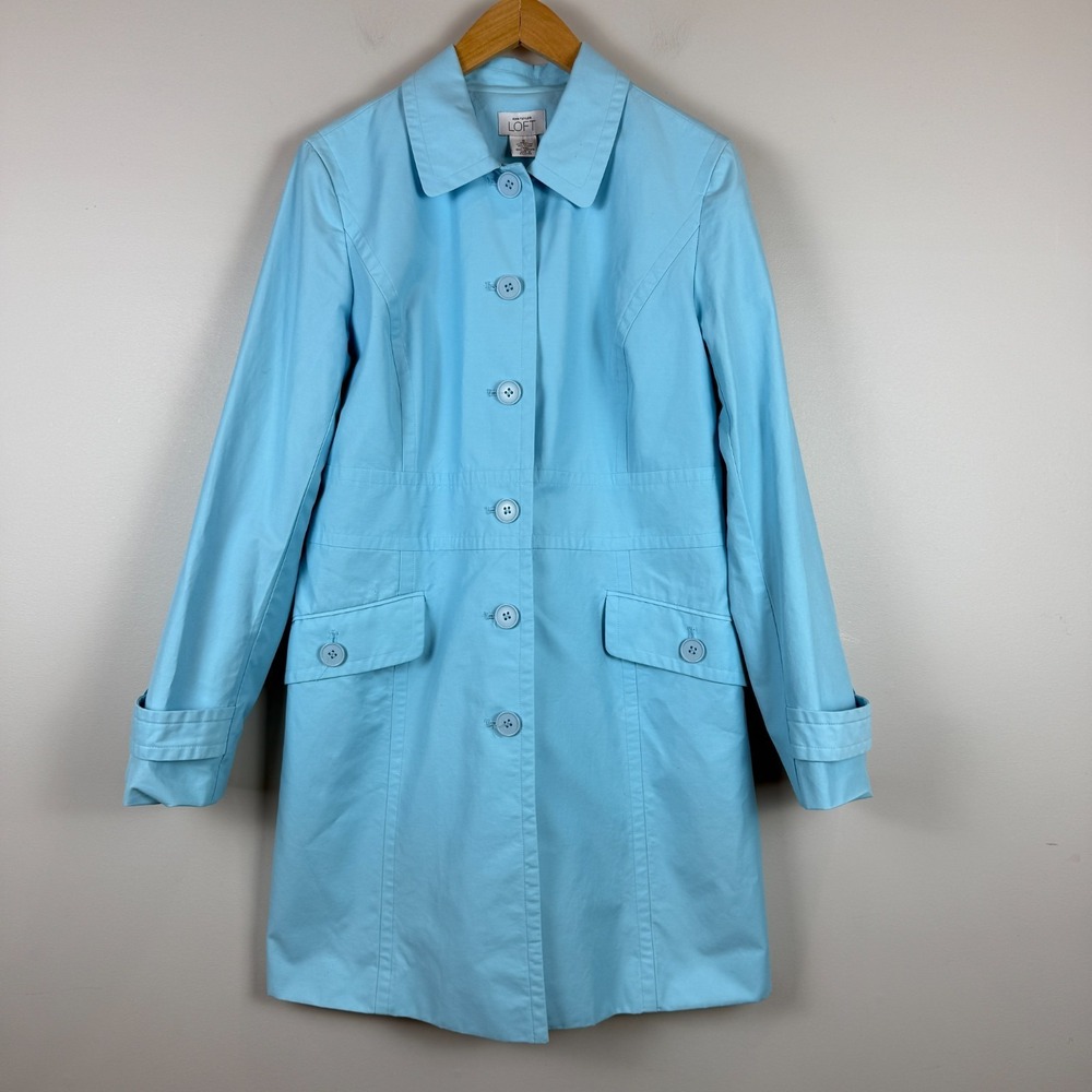 Ann Taylor Loft Trench Coat Women's 8 Sky Blue Button Front Lightweight Utility